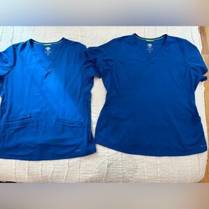 Two XL Healing Hands scrub tops, royal blue